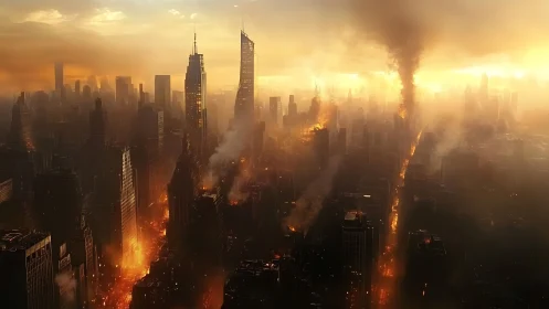 Burning megacity skyline under toxic golden haze.