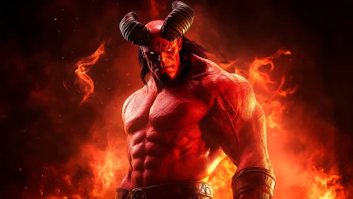 Hellfire demon warlord in infernal flames, muscular torso lit