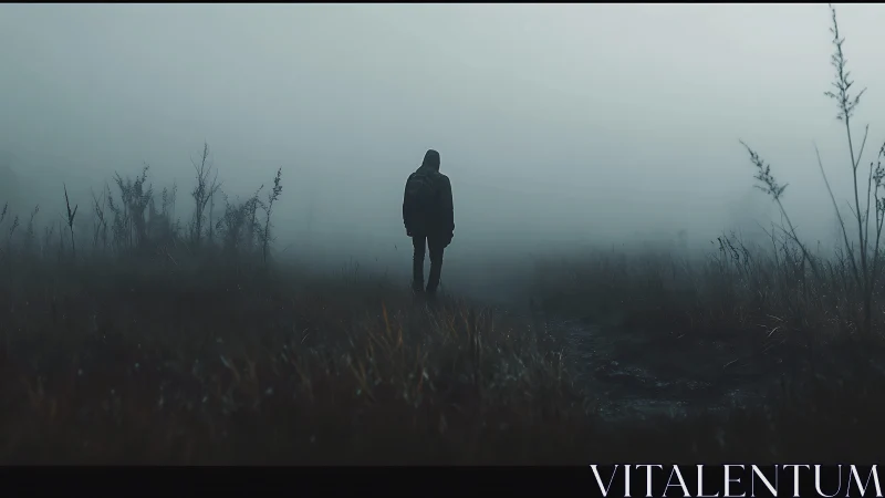 Lone hooded figure walks through dense foggy field at dawn