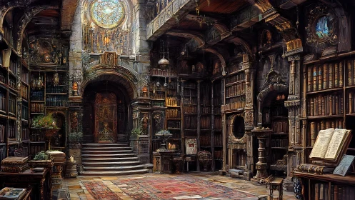Enchanted gothic library interior under stained glass glow.