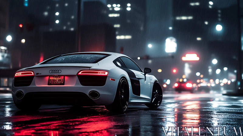 White sports coupe on wet city street at night in rain.