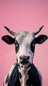 Curious black and white cow gazes softly against pink sky