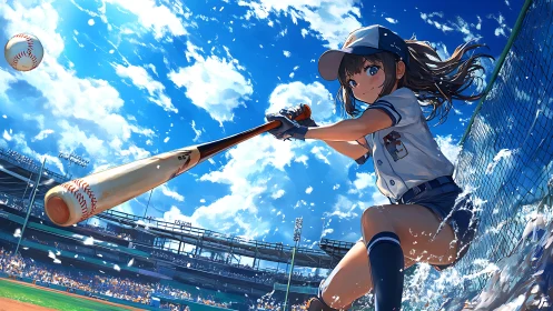 Dynamic anime batter executing high-velocity stadium swing.