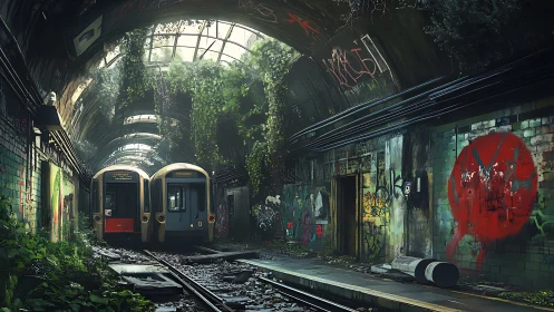 Abandoned graffiti subway tunnel with overgrown greenery.