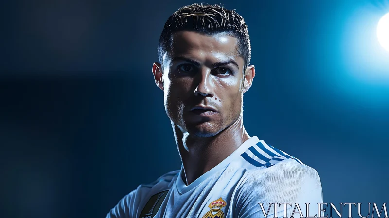 Focused football player portrait under dramatic blue light.