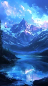 Mountain peak overlooks blue alpine lake under glowing sky