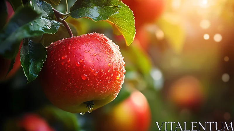 Sunlit red apple sparkling with fresh morning dew.