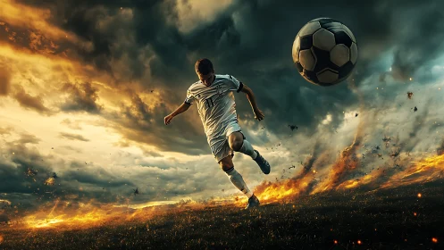 Fiery soccer moment captures a determined player in motion