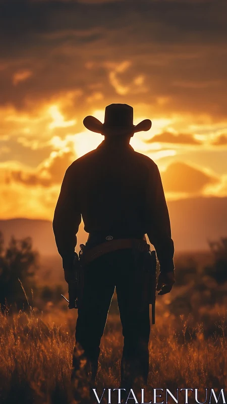 Silhouetted cowboy stands against low sun and clouded sky