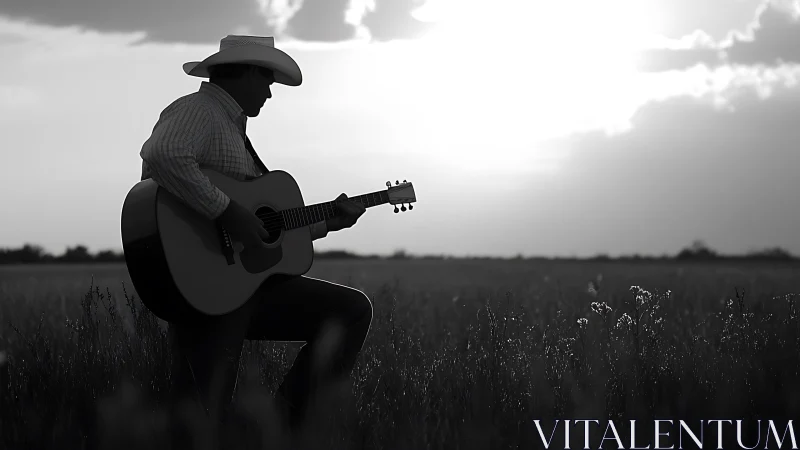 Quiet sunset cowboy playing guitar in an open field.