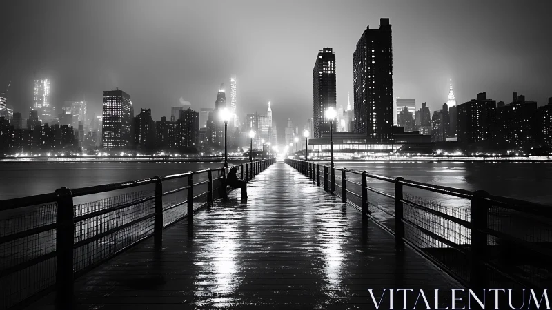 Foggy city pier glowing softly against the night skyline.
