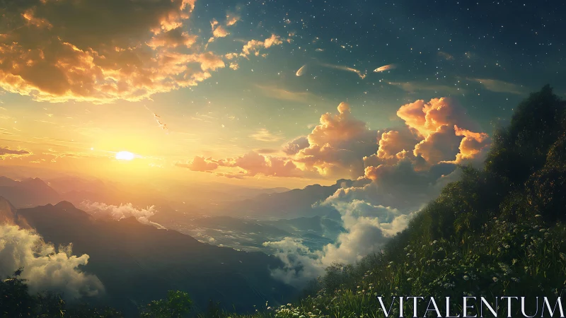 Sunrise stitches mountains, clouds, and distant planets together