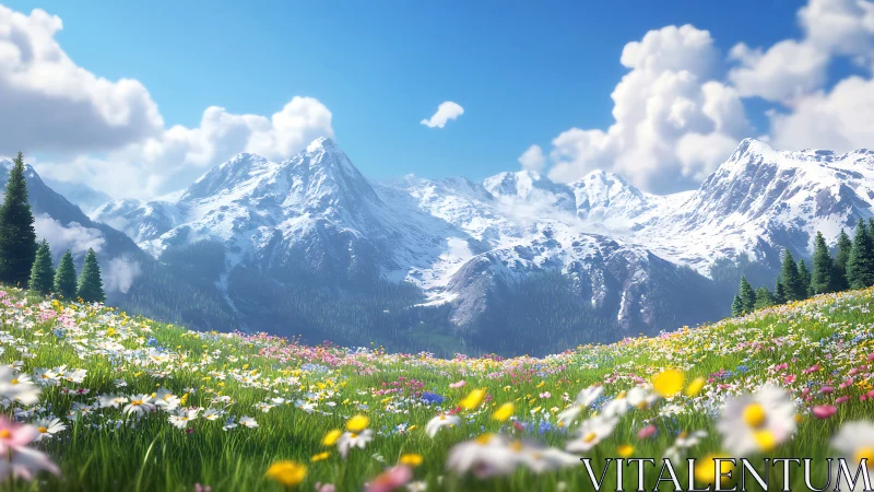 Sunlit wildflower meadow gently opens toward snowy peaks