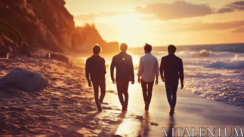 Silhouetted friends walking along sunset shoreline in warm light.