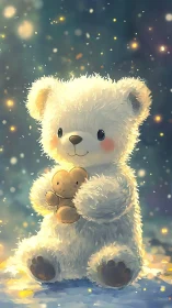 Snowy teddy bear sits in soft light, hugging tiny toy friend