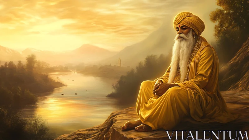 Elderly sage contemplates golden river under luminous sunset