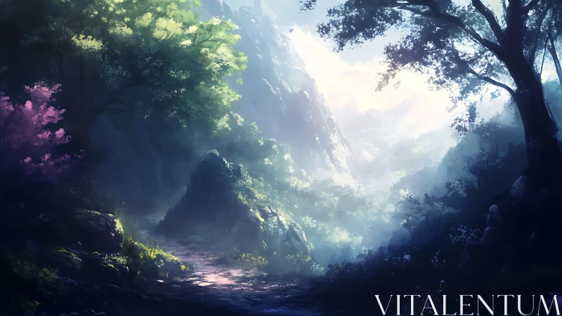 Luminous canyon carved through towering cliff formations.