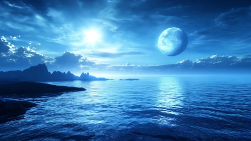 Blue alien ocean reflects distant moonlit sky with clarity