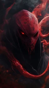 Demonic wraith emerges from crimson smoke in eerie darkness