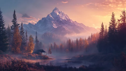 Sunlit mountain refuge beside a misty, peaceful river.