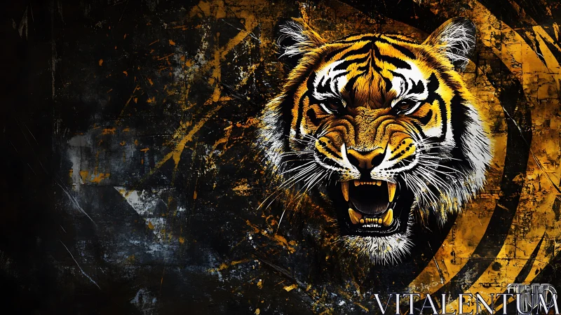Digital painting of roaring tiger on grunge radial backdrop.