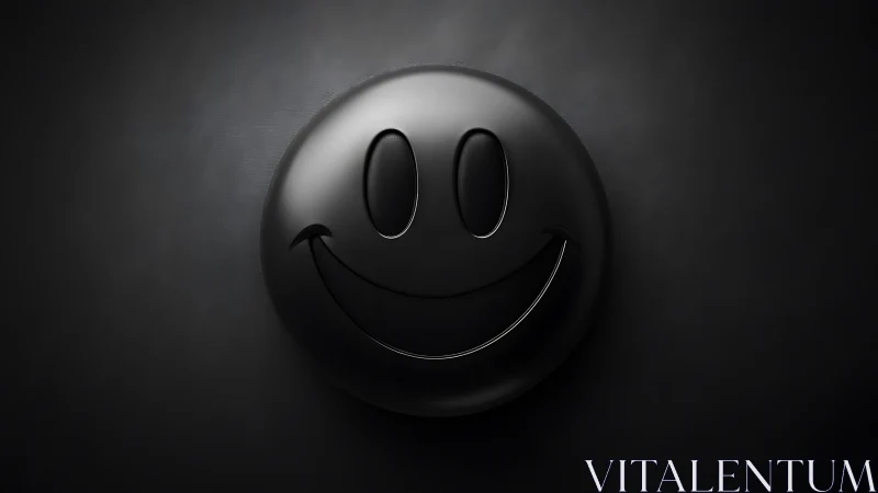 Monochrome smile emblem is rendered as glossy black disc