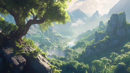 Sunlit valley sanctuary with a wise old tree watching over.