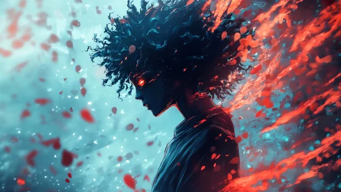 Fiery-eyed silhouette dissolves into swirling crimson embers.
