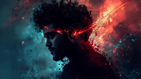 Side-lit male profile in dual-tone particle dispersion field