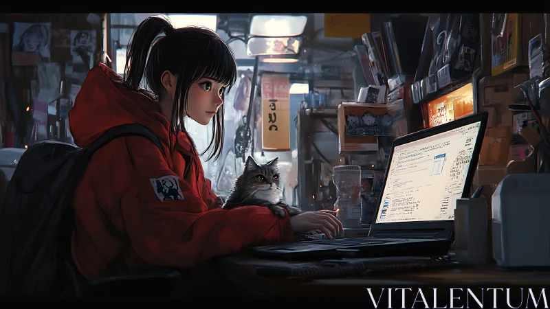 Digital painting of girl coding in neon-lit workstation interior.