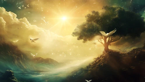 Golden dawn bathes a lone mystic tree in radiant serenity