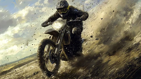 Motocross rider powers through muddy off road track.