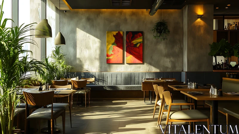 Sunlit modern restaurant interior with plants and art.