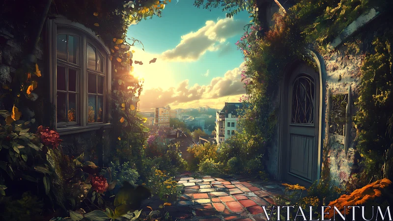 Overgrown terrace gateway overlooks glowing sunset city