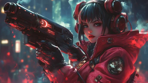 Cybernetic-equipped woman holds large firearm in neon haze