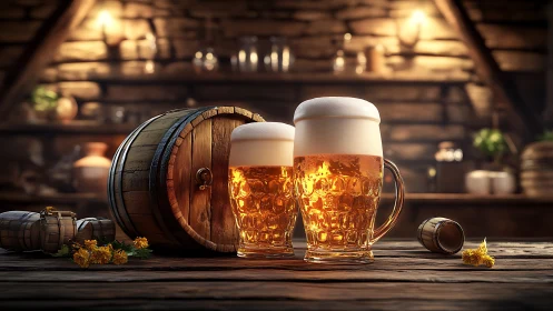 Frothy beer mugs glow warmly in a rustic tavern setting