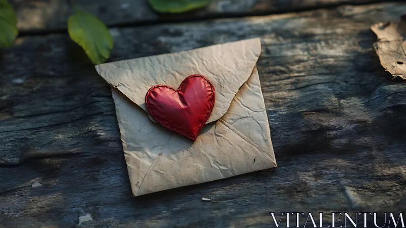 Red Heart on Weathered Envelope. Rustic Romance.