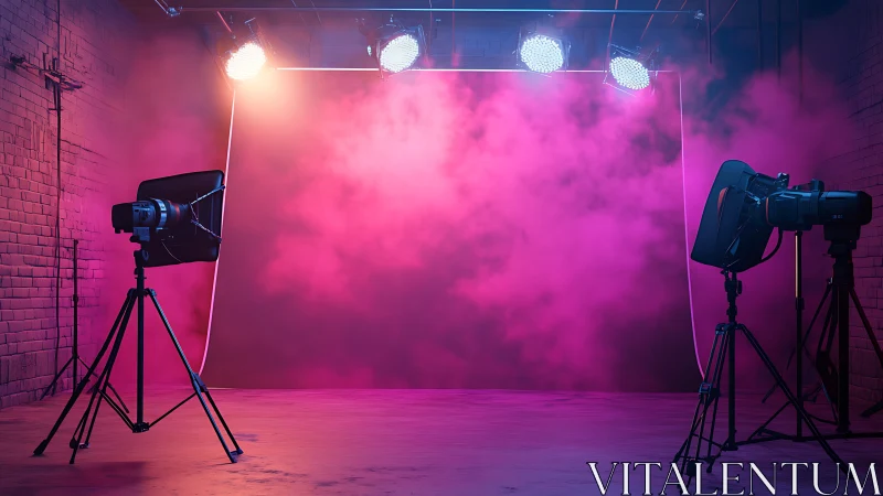 Studio lighting setup with colored fog and backdrop wall.