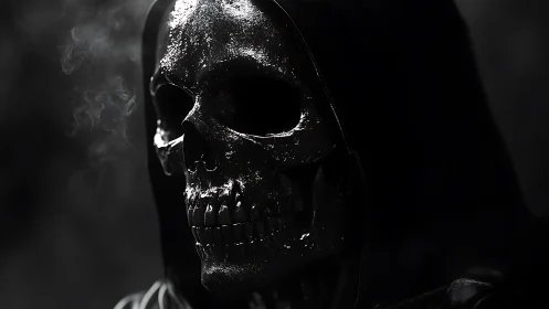 Midnight reaper&rsquo;s lacquered skull glistens in smoke-soaked dark.