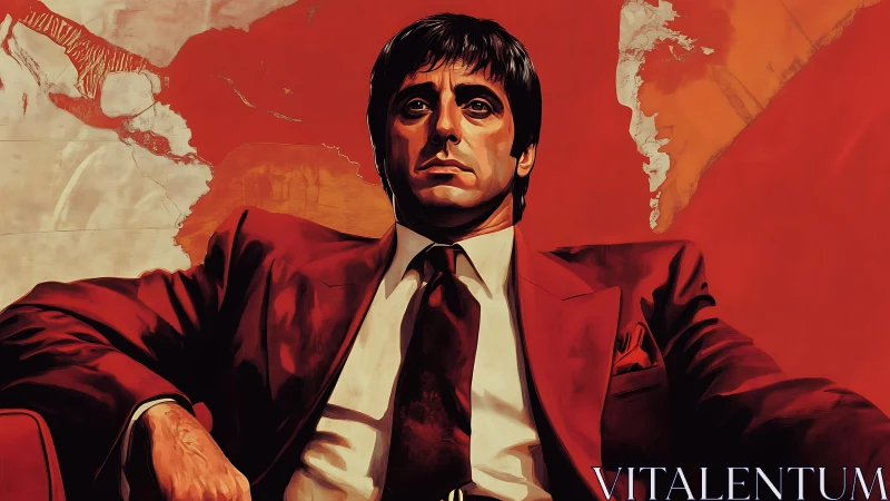 Bold crimson portrait of a stoic man against vivid map.