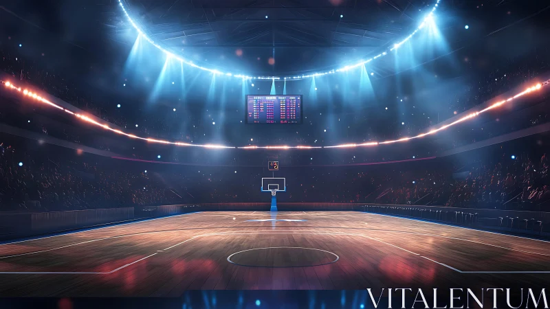 Indoor basketball arena court is illuminated by overhead lights