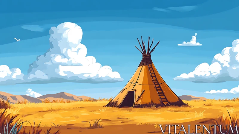 Teepee standing on open grassland under bright sky.