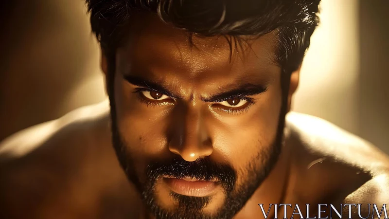 Intense male portrait under dramatic golden lighting.