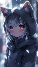 Soft-eyed cat-eared girl gazes gently through falling snow