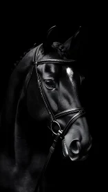 Side profile of bridled dark horse on black background.