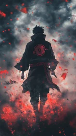 Lone anime warrior advances through burning crimson smoke
