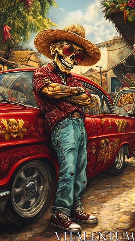 Skeleton in straw hat leans against red lowrider car