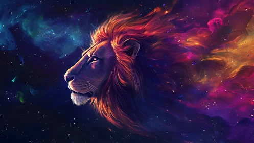 Cosmic lion profile rendered in luminous nebular strokes