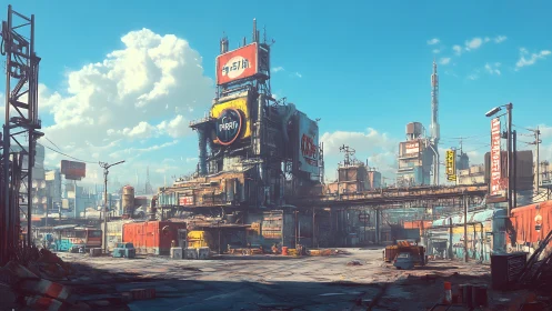 Sunlit scrapyard boulevard hums through rusted cyber-sprawl