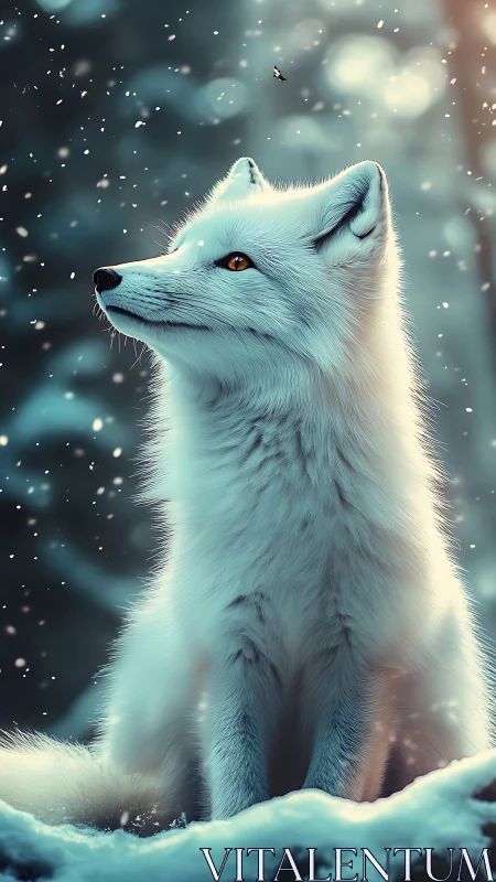 White arctic fox in snowfall against defocused forest background.